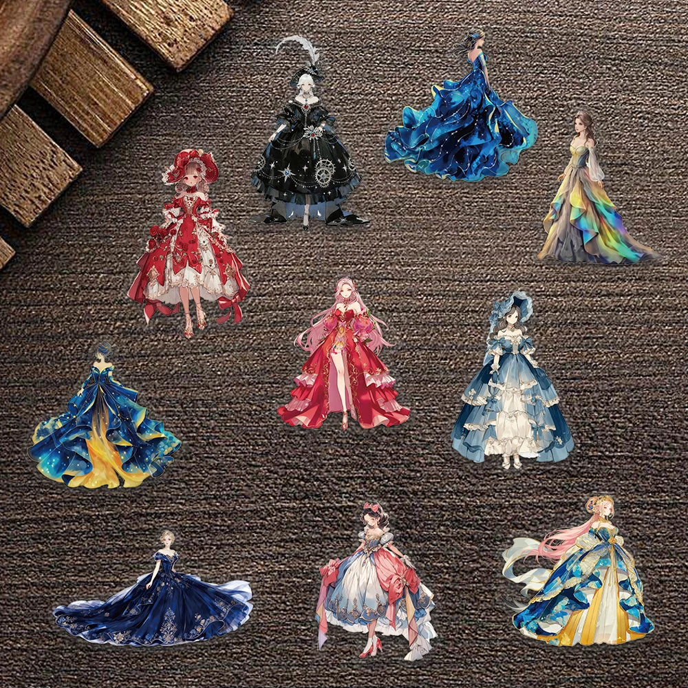 Collection d'autocollants décoratifs de personnages féminins avec robes colorées et tenues historiques.