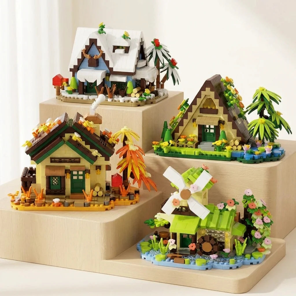 A set of forest cabin micro building blocks featuring a house, greenhouse, and windmill on a wooden base.