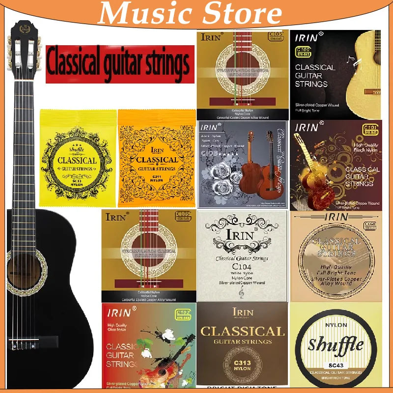 A collection of classical guitar strings including nylon and silver-plated copper wound sets.