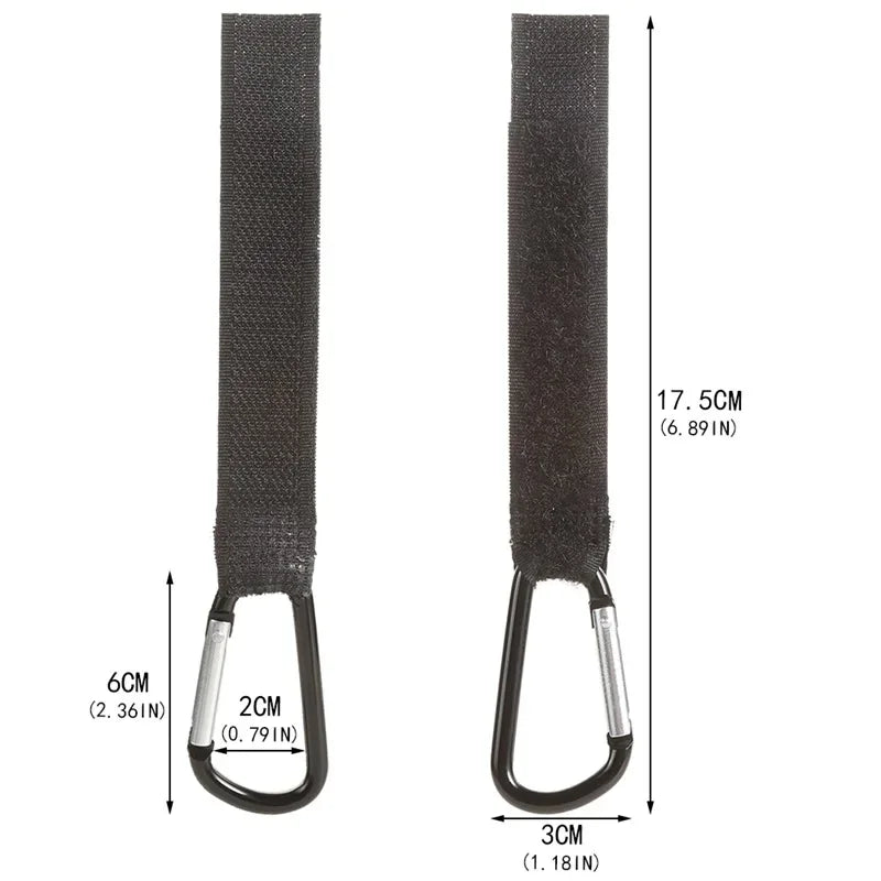 Black aluminum alloy stroller hooks with nylon straps and measurement guide