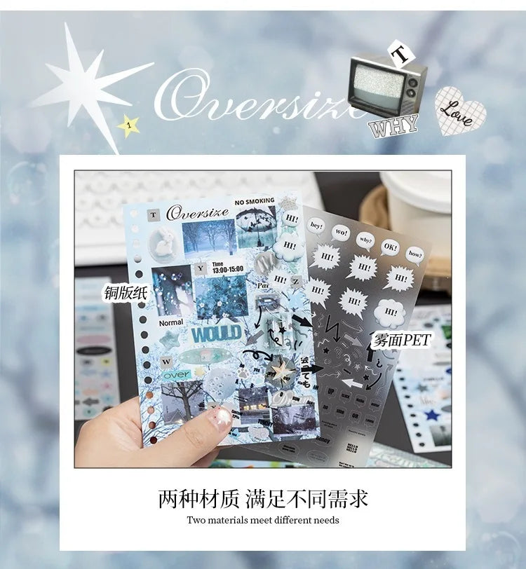 A hand holds a set of oversize stickers and photocards featuring various designs for journaling and DIY crafts.