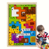 A colorful wooden tangram puzzle set featuring various animals, vehicles, and sea life shapes.