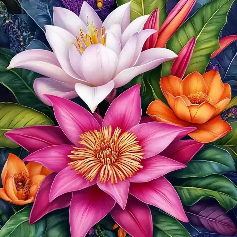 A vibrant diamond painting featuring pink and orange flowers, including lilies and roses, on green leaves.
