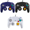 Three wired game controllers for Nintendo GameCube in blue, black, and white.