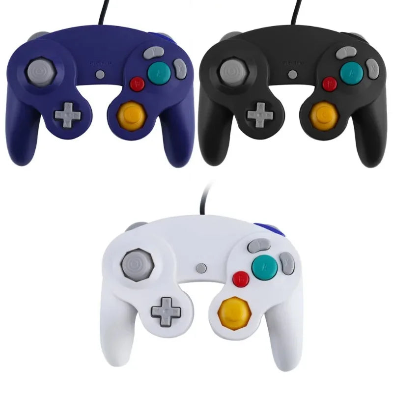 Three wired game controllers for Nintendo GameCube in blue, black, and white.