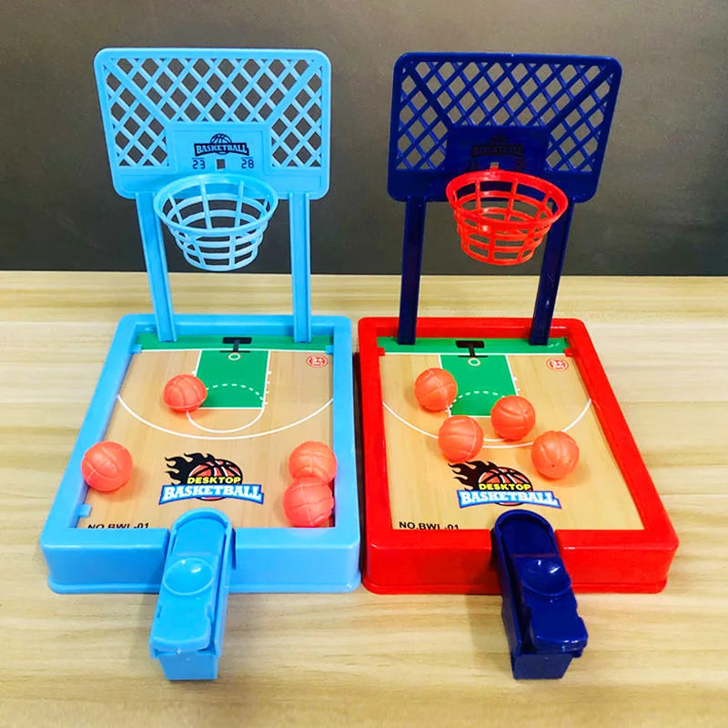 A set of mini tabletop basketball arcade game featuring two blue and red basketball hoops and wooden boards.