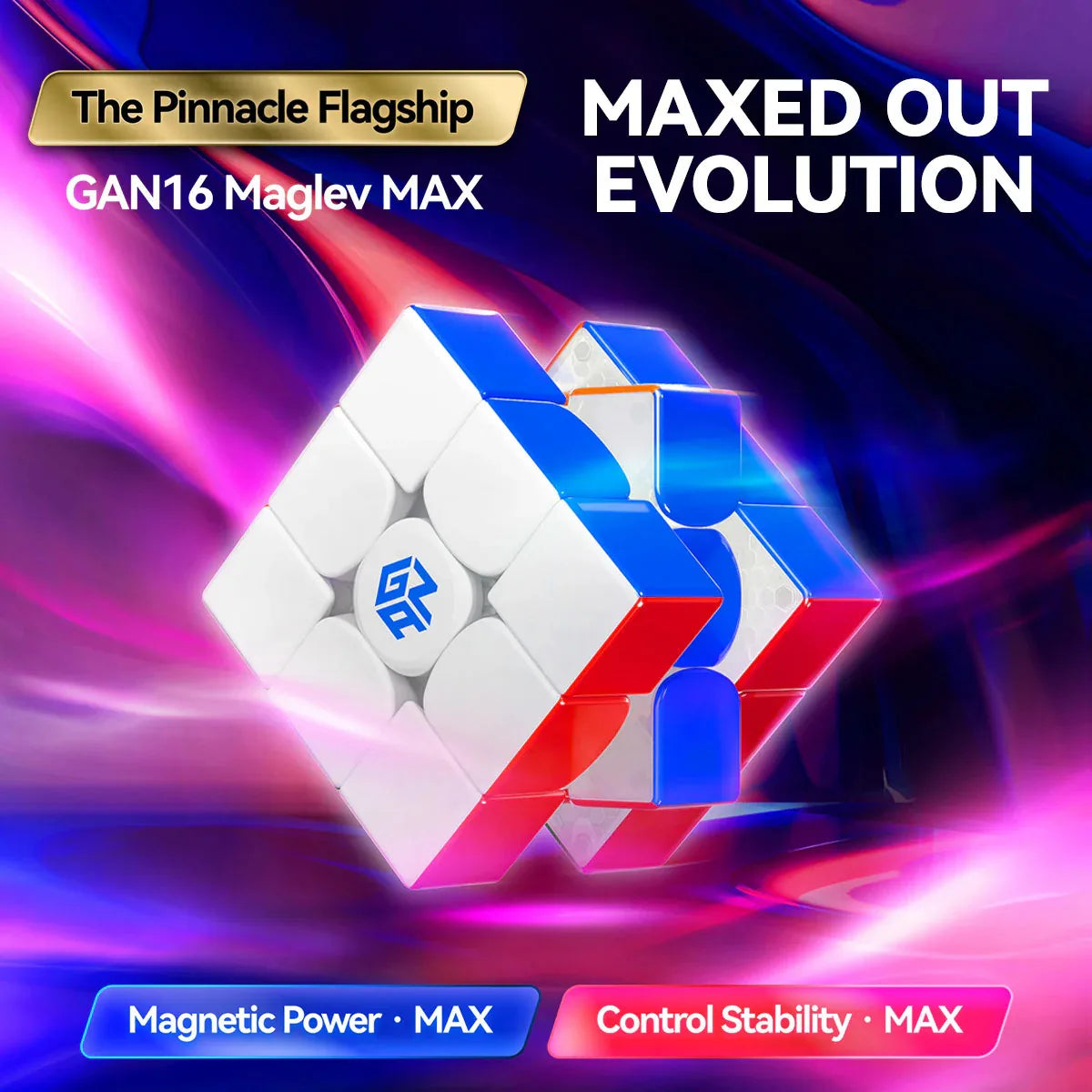 A close-up view of the GAN16 Maglev MAX evolution magnetic speed cube with white and blue facets glowing against a dark backg