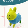 A yellow and blue soft plush rabbit stuffed toy, named Gubby, is shown standing against a white background.