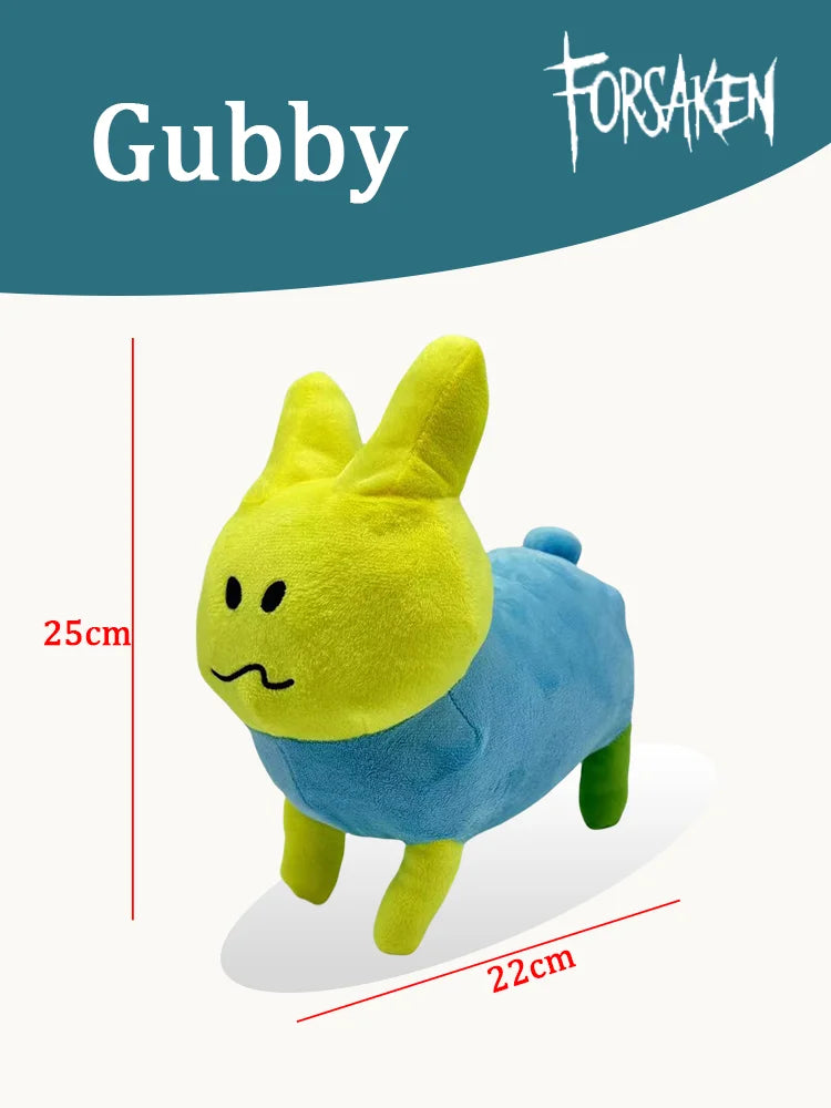 A yellow and blue soft plush rabbit stuffed toy, named Gubby, is shown standing against a white background.