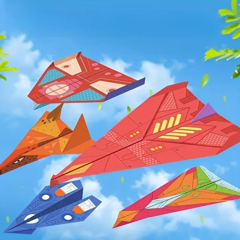 Several colorful 3D origami paper airplanes in red, orange, and blue fly against a bright blue sky.