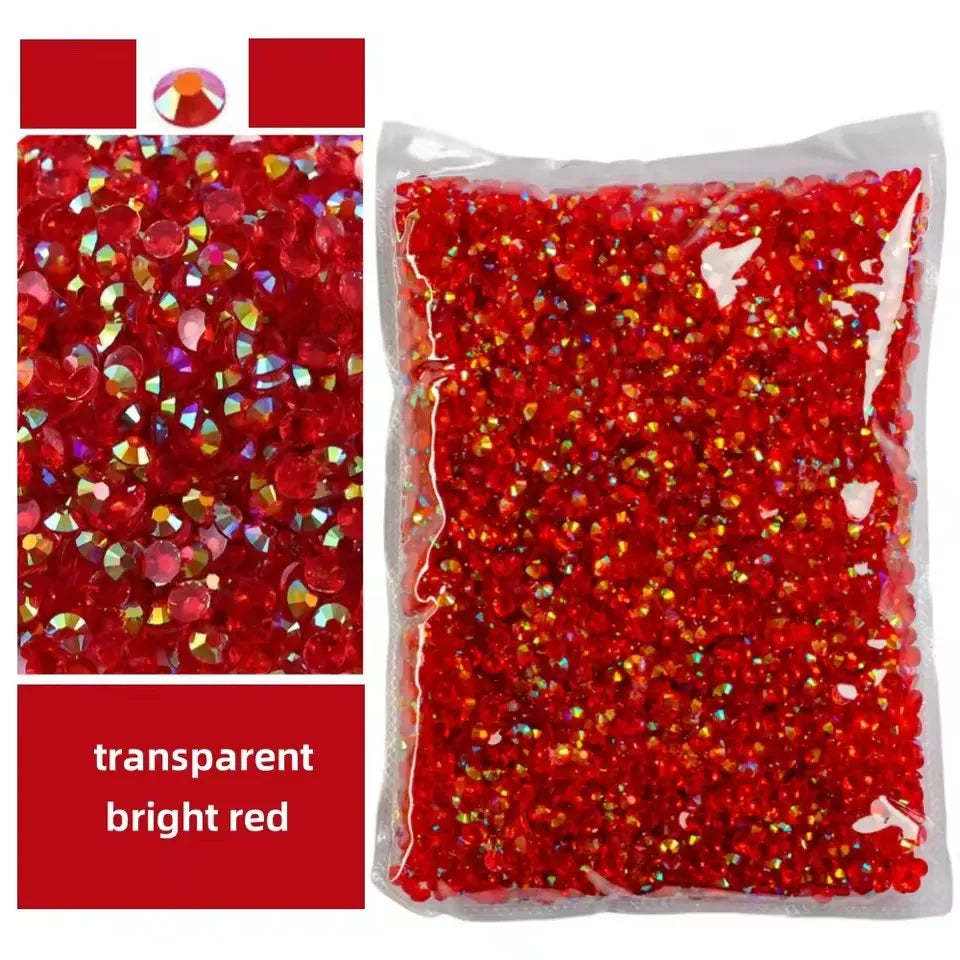 Bag of transparent bright red AB-coated flat back resin rhinestones for crafts and DIY projects