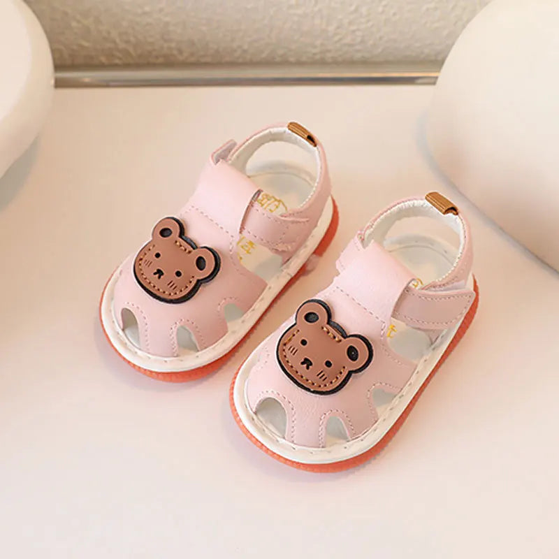 Sandales d'été antidérapantes roses à motif ours qui grince pour bébés