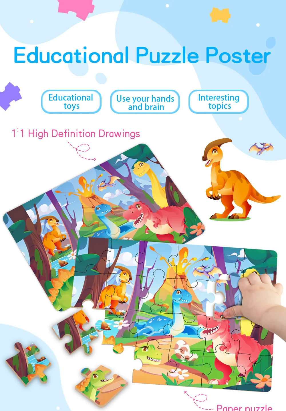 Educational puzzle poster featuring high definition drawings of various animal cartoons for kids