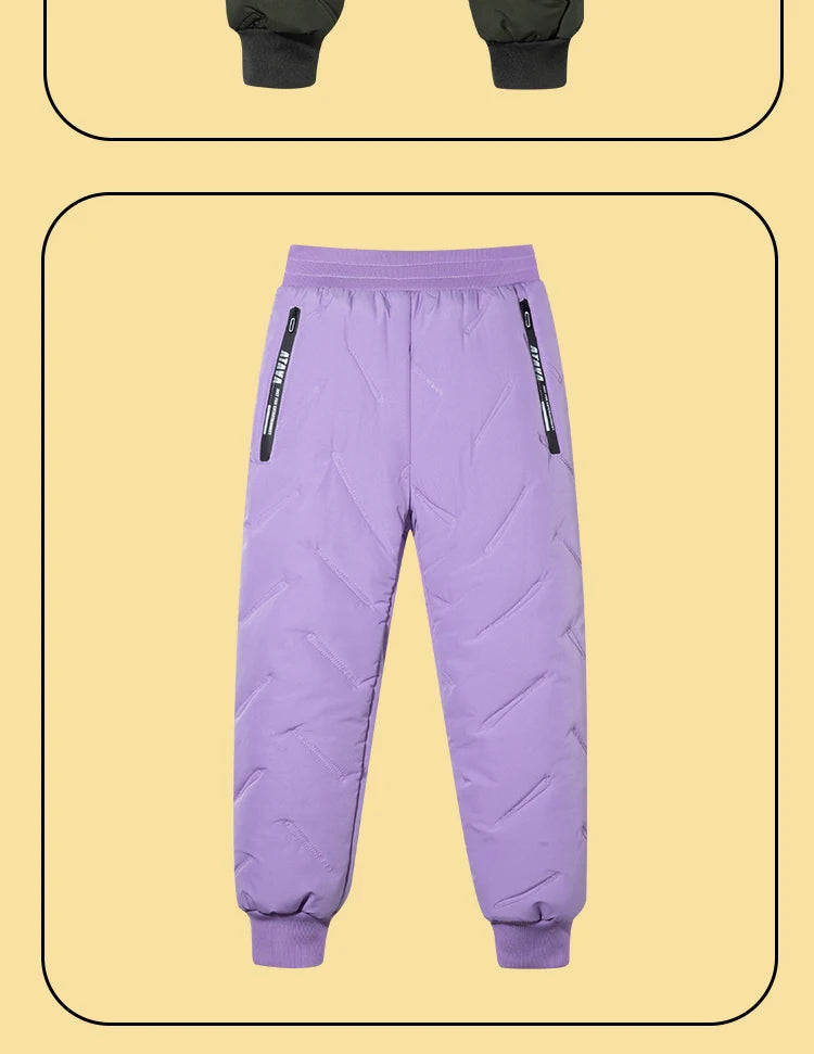 Purple kids waterproof winter pants with quilted texture and black trim