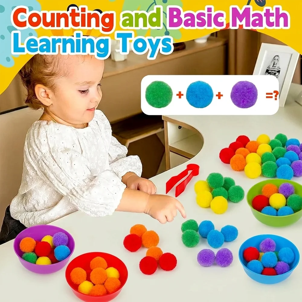 A toddler is interacting with a set of colorful foam balls and sorting tools for counting and basic math learning.