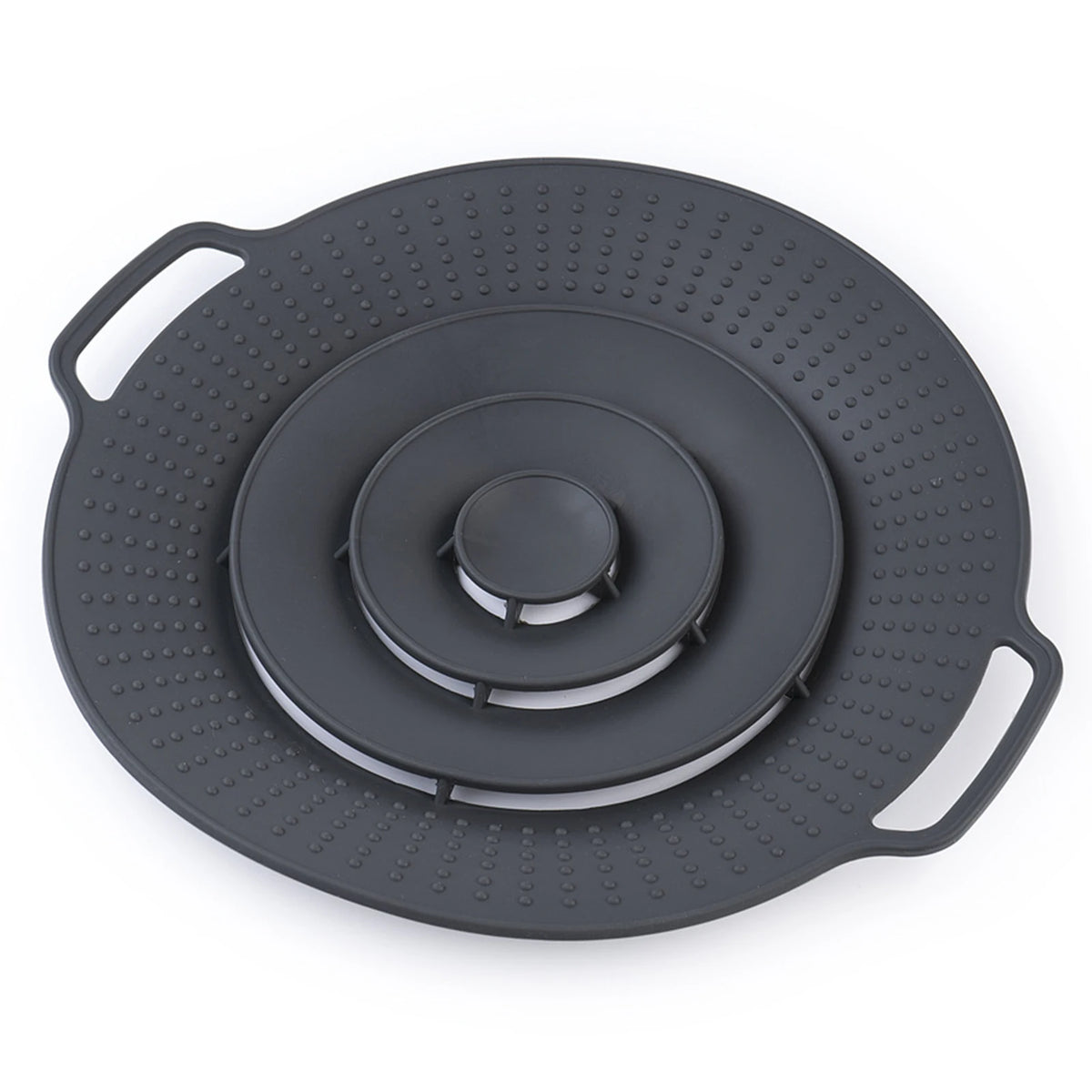 A round, dark gray silicone spill stopper lid with a handle, designed for pots and pans.