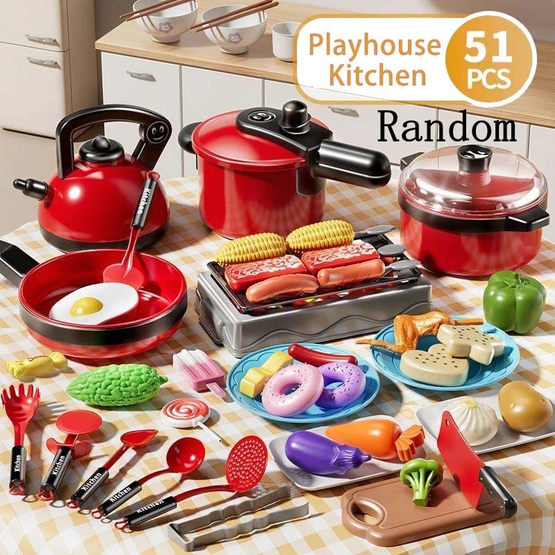 A colorful kids play kitchen cooking set featuring various pots, pans, and utensils for pretend cooking.