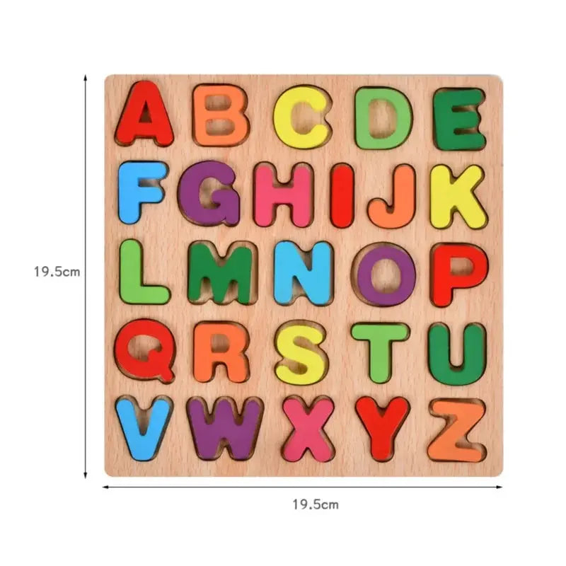 A wooden alphabet puzzle with colorful letters A through Z for Montessori learning.
