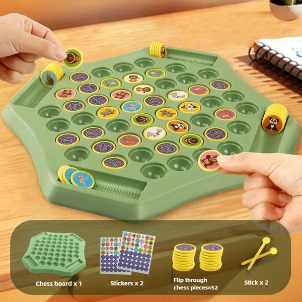 A green plastic tray holds a chess board with colorful stickers and pieces for a flip game