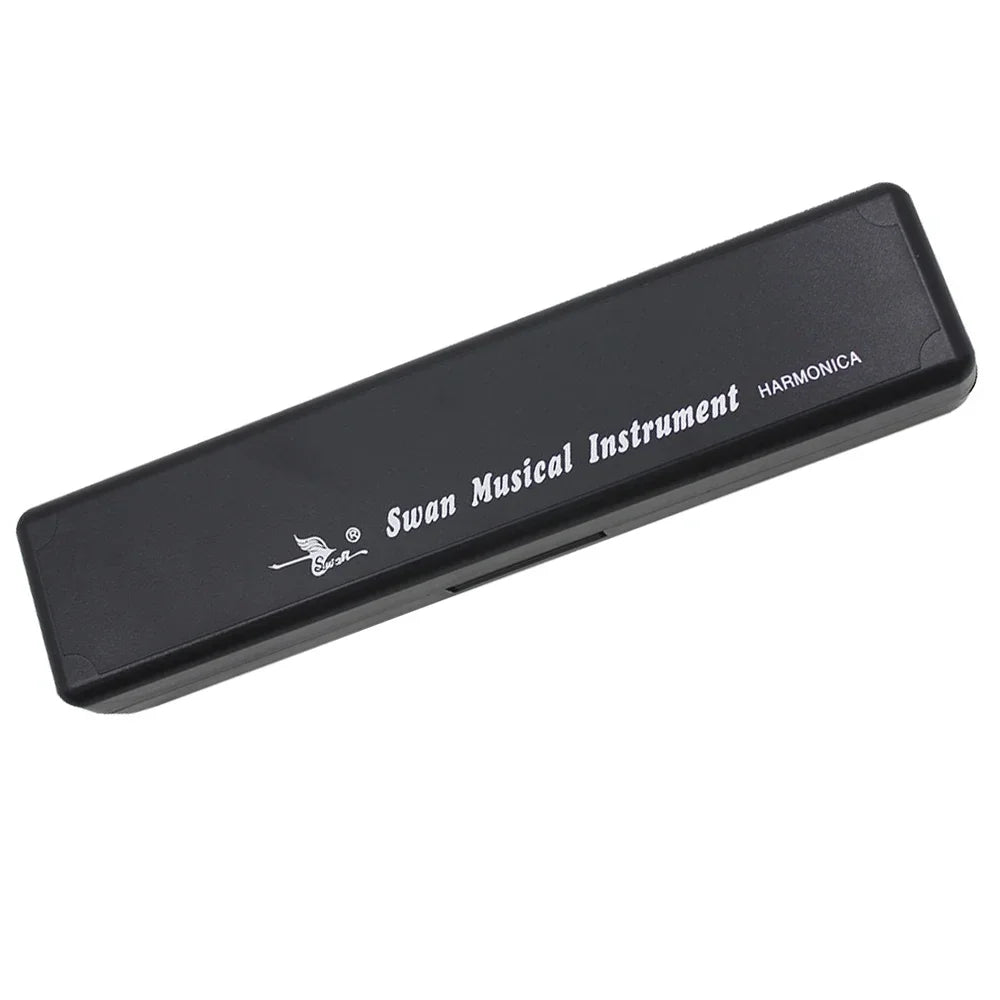Black protective case for a 24-hole tremolo harmonica in C.