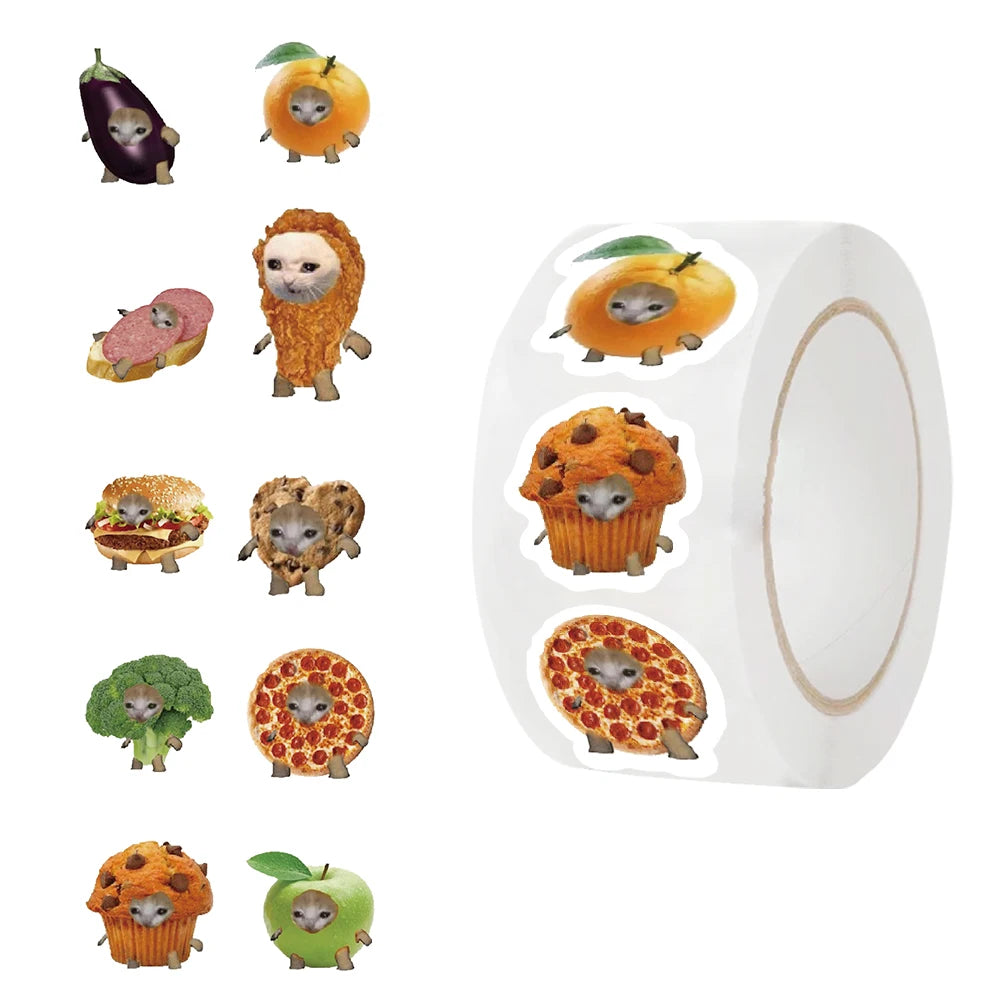 A collection of funny meme cat and food fruit stickers featuring cats in various food items like pumpkins, pizza, and burgers