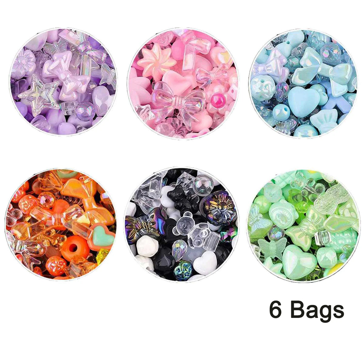 Six circular displays of various colored acrylic beads and stones for DIY jewelry making