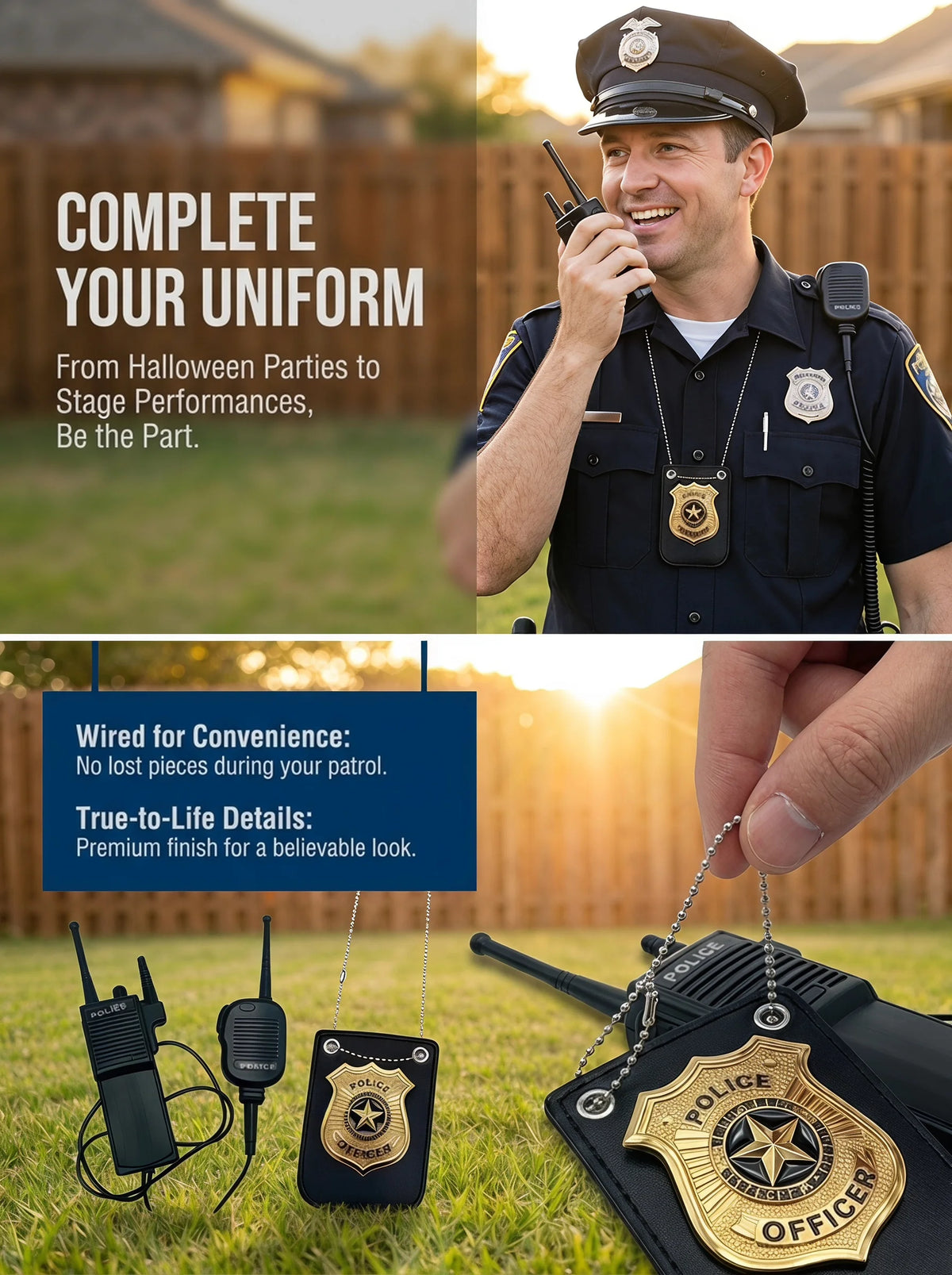 A police officer wearing a uniform is talking on a walkie-talkie, with accessories like a badge and uniform visible.