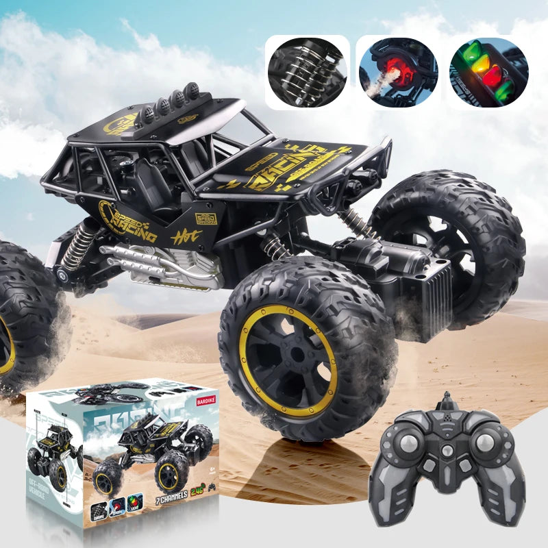A black off-road RC racing car with lights and a rechargeable battery is shown alongside its components and controller.