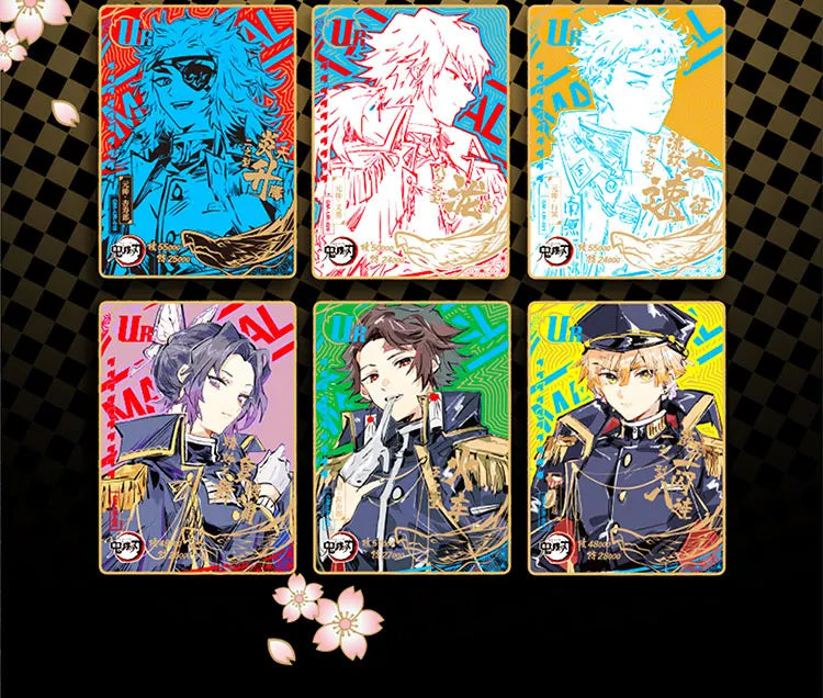A collection of five Demon Slayer SSP Diamond Rare cards featuring characters like Tanjiro and Nezuko in various poses.