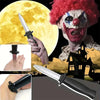A realistic fake knife is shown next to a clown-themed image featuring a menacing face and a large moon.