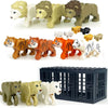 A set of six African wildlife animal building blocks, including lions, tigers, and elephants, along with a black enclosure.