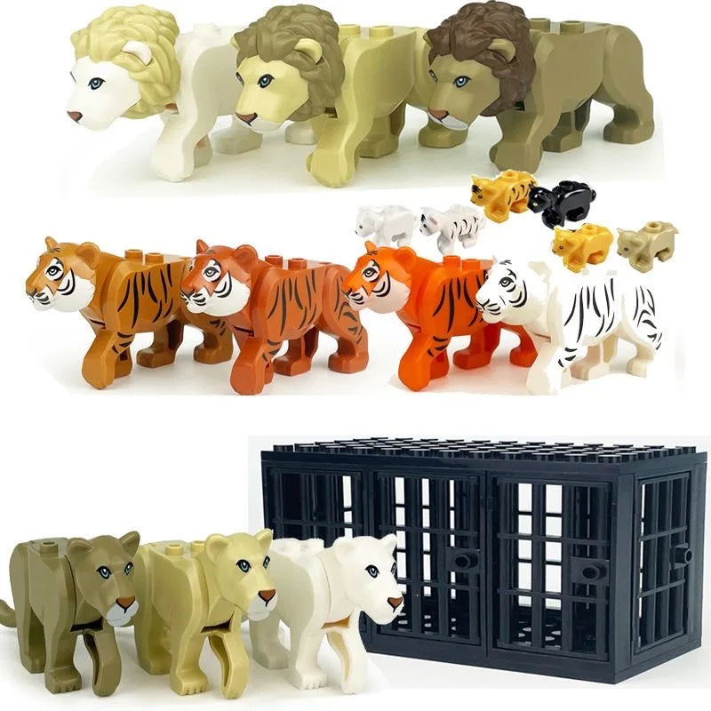 A set of six African wildlife animal building blocks, including lions, tigers, and elephants, along with a black enclosure.