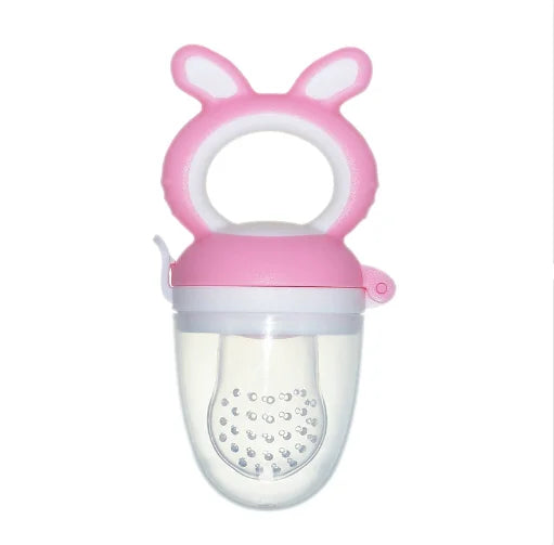 Pink silicone baby food feeder with a teether attachment for infants