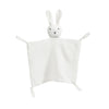 A white soft cotton muslin baby comforter blanket shaped like a bunny with long ears.