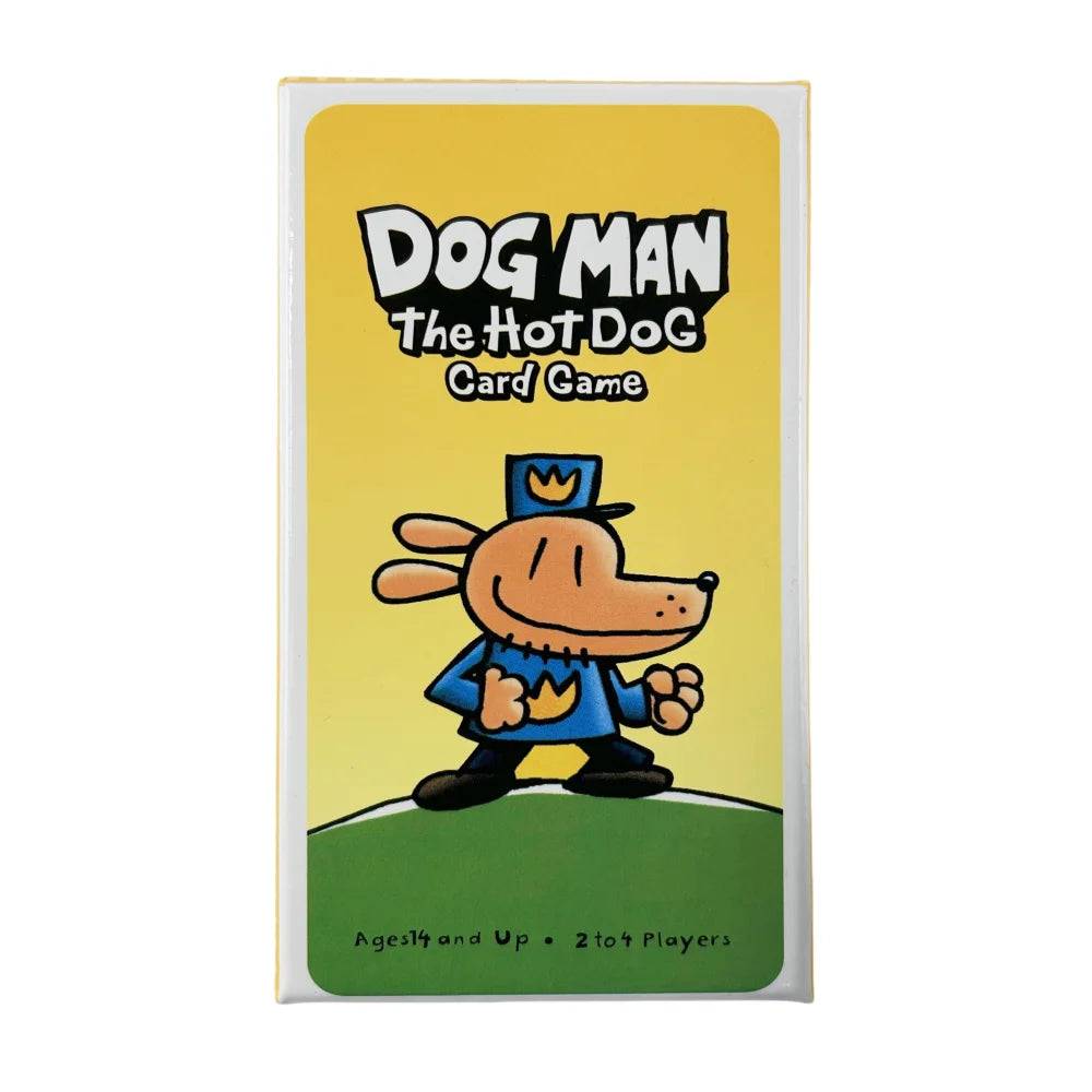 A yellow card game box featuring a cartoon dog character and the title Dog Man The Hot Dog Card Game