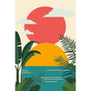 A vibrant painting featuring a large red sun, green tropical leaves, and an orange sunset over the ocean.