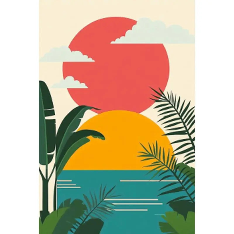 A vibrant painting featuring a large red sun, green tropical leaves, and an orange sunset over the ocean.