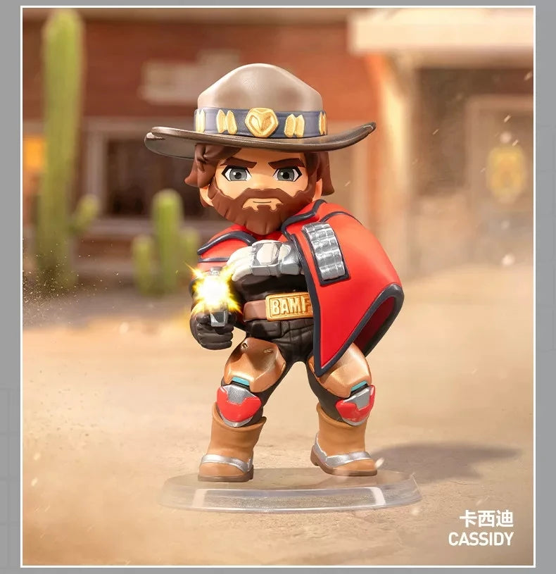 A collectible PVC figurine of Cassidy from Overwatch, featuring a brown hat and red jacket, standing on a clear base.