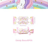 Six pink unicorn-themed candy boxes with rainbow designs for a girls' birthday celebration
