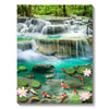 A vibrant forest landscape diamond painting featuring cascading waterfalls, lush green foliage, and clear blue water.