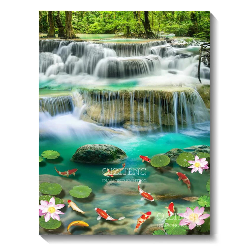 A vibrant forest landscape diamond painting featuring cascading waterfalls, lush green foliage, and clear blue water.