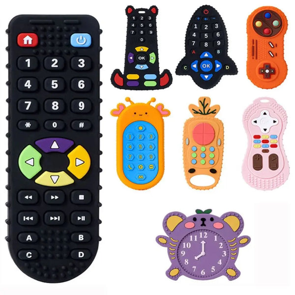 A collection of silicone teether toys for baby pain relief including a phone, a pineapple, and a purple cat.