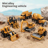 A set of six yellow and black mini alloy engineering vehicles, including trucks, excavators, and cars, resting on sand rocks.