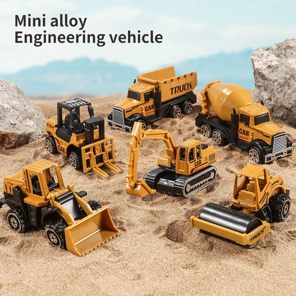 A set of six yellow and black mini alloy engineering vehicles, including trucks, excavators, and cars, resting on sand rocks.