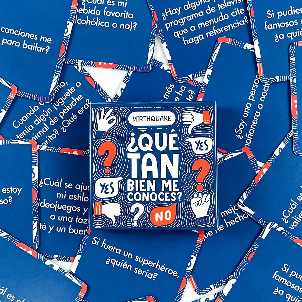 A stack of blue mini game cards titled Qué tan bien me conoces featuring question marks and thumbs up/down icons.