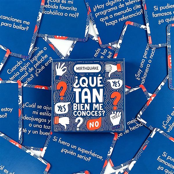 A stack of blue mini game cards titled Qué tan bien me conoces featuring question marks and thumbs up/down icons.