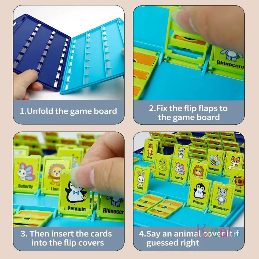 Instructions showing how to unfold, fix flaps, insert cards, and play the Guess the Animal board game
