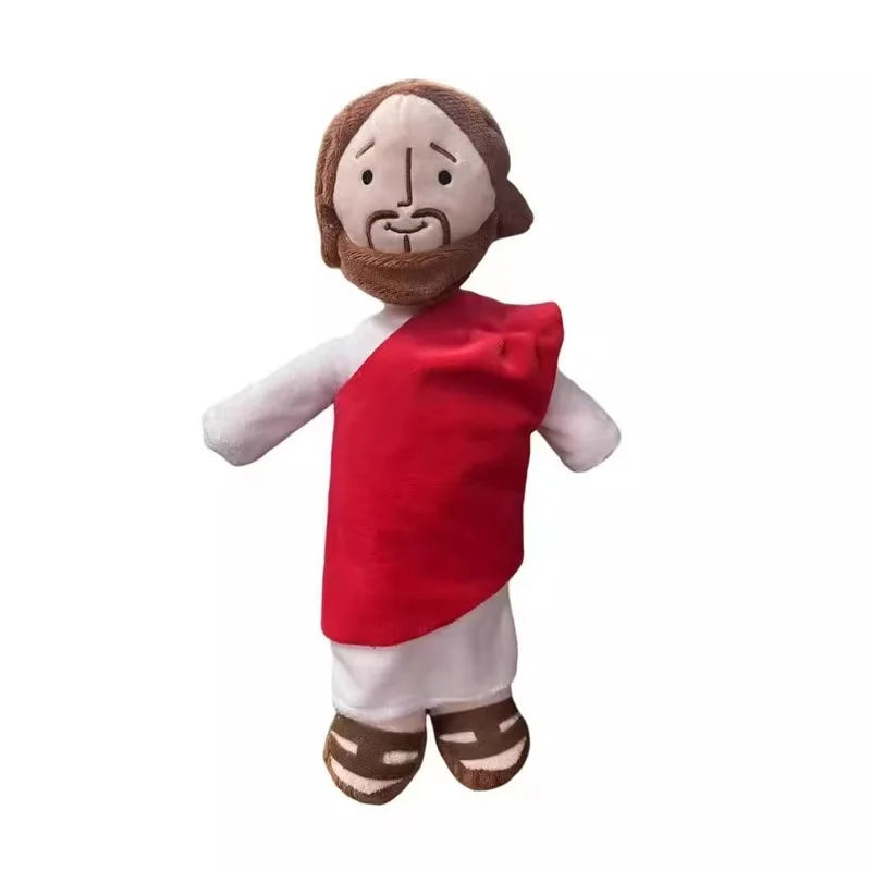 Figurine de peluche représentant un homme barbu portant une tunique rouge et un vêtement blanc.