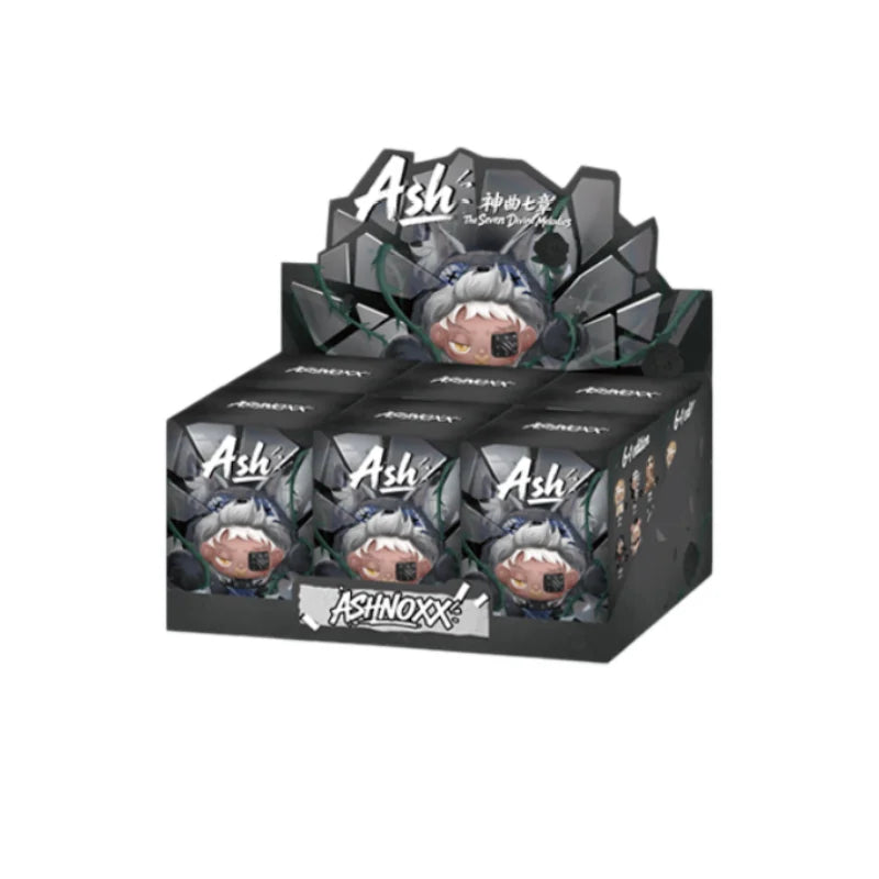A box of Ash vinyl figures featuring a character with light hair and dark clothing, packaged as a blind box.