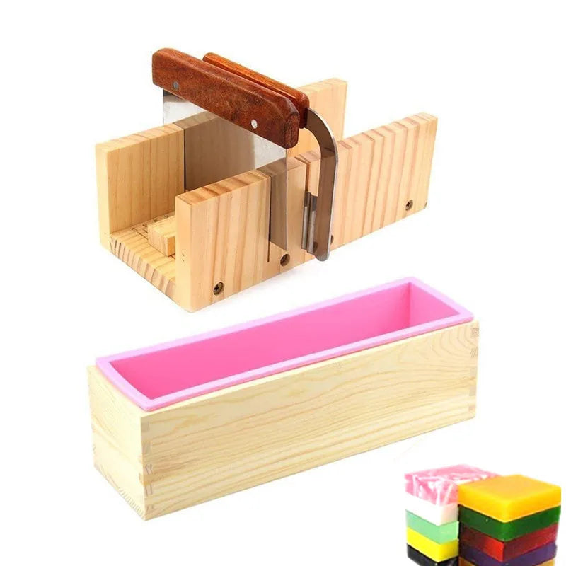 Complete Silicone Soap Making Mold Kit with Wooden Box and Stainless Steel Cutters